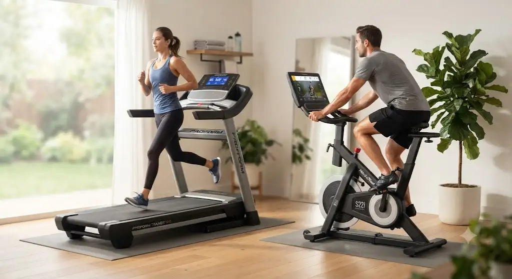 Comparatif entre un tapis de course et un vélo d'appartement pour choisir le meilleur équipement cardio à la maison.