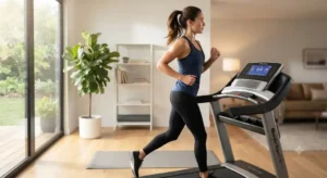 Femme s'entraînant en course à pied sur un tapis de course moderne dans un salon lumineux. 