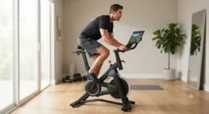 Homme pratiquant du vélo d'appartement pour une séance de cardio fitness à domicile