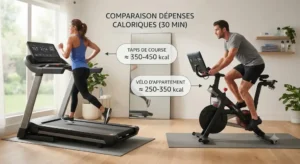Alt text: Illustration des dépenses caloriques entre tapis de course ou vélo d'appartement pour la perte de poids. 