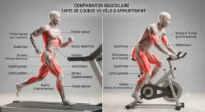 Schéma anatomique des muscles sollicités par la course sur tapis de course et le pédalage sur vélo d'appartement. 