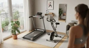 Appareils de fitness compacts adaptés aux petits espaces pour hésiter entre tapis de course ou vélo d'appartement. 