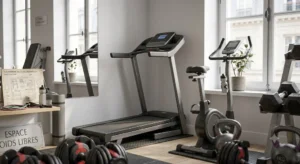 Tapis de course pliable et vélo d'appartement installés dans une salle de sport à la maison