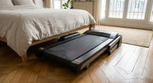 Personne en train d'utiliser un tapis de course pliable silencieux lors d'une séance de fitness à domicile