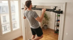 Barre de traction installée sur une porte, idéale pour progresser au poids de corps lorsqu'on cherche quel équipement de musculation acheter en premier. 