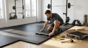 Installation de dalles de sol en caoutchouc pour protéger le sol d'une salle de sport à la maison