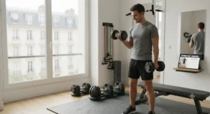 Personne s'entraînant dans son home gym avec le matériel de base idéal pour débuter la musculation chez soi.