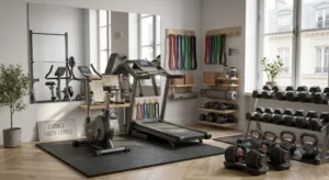 Vue d'ensemble complète et moderne montrant comment créer une salle de sport à la maison sur mesure