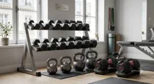 Sélection de poids libres, haltères et kettlebells indispensables pour équiper sa salle de sport à la maison