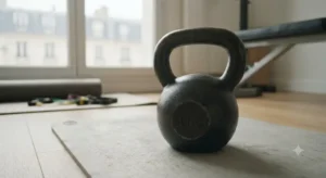 Kettlebell en fonte posé au sol, parfait pour un entraînement complet et le choix de son premier équipement de musculation. 
