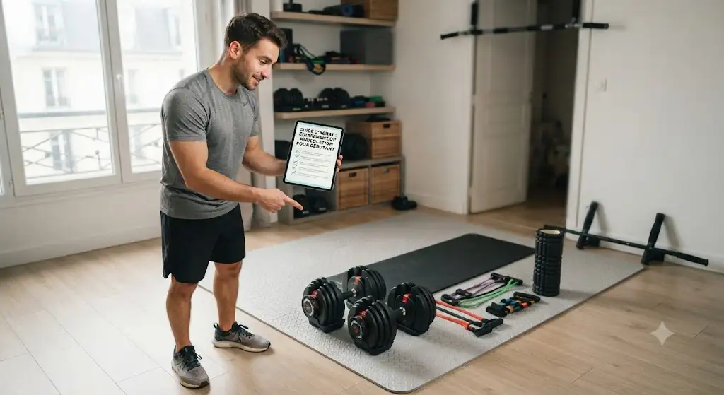 llustration d'un guide pour savoir quel équipement de musculation acheter en premier pour débuter chez soi.