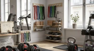 Support mural et étagères pour organiser le matériel de fitness et bandes élastiques