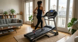Tapis de course pliable extra plat rangé facilement sous un lit après utilisation