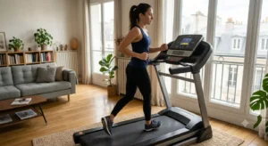 Zoom sur la surface de course amortie et la bande de roulement d'un tapis de course pliable