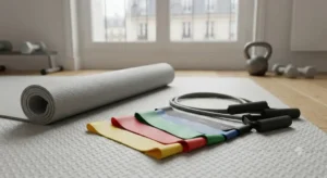 Élastiques de résistance et tapis de sol, accessoires de musculation économiques à acheter en premier.