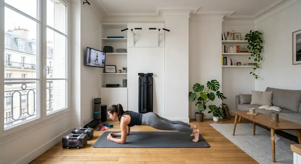Aménagement optimisé d'une salle de sport petit appartement avec coin fitness discret.