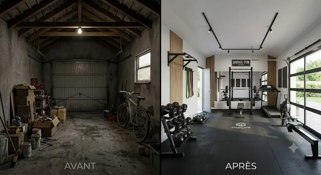 transformer un garage en salle de sport moderne avant et après les travaux.