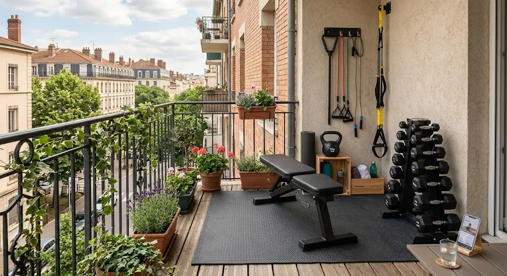 Aménagement d'un espace de musculation compact avec du matériel fitness pour balcon.