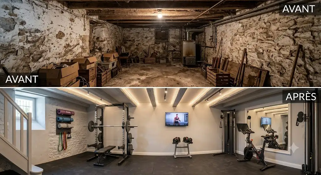 Illustration du projet avant et après pour transformer une cave en salle de sport moderne et fonctionnelle.