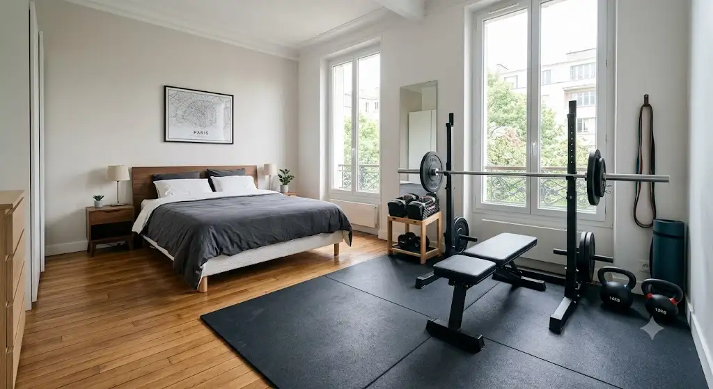 Aménagement complet d'une salle de sport dans une chambre moderne avec tapis de sol et haltères