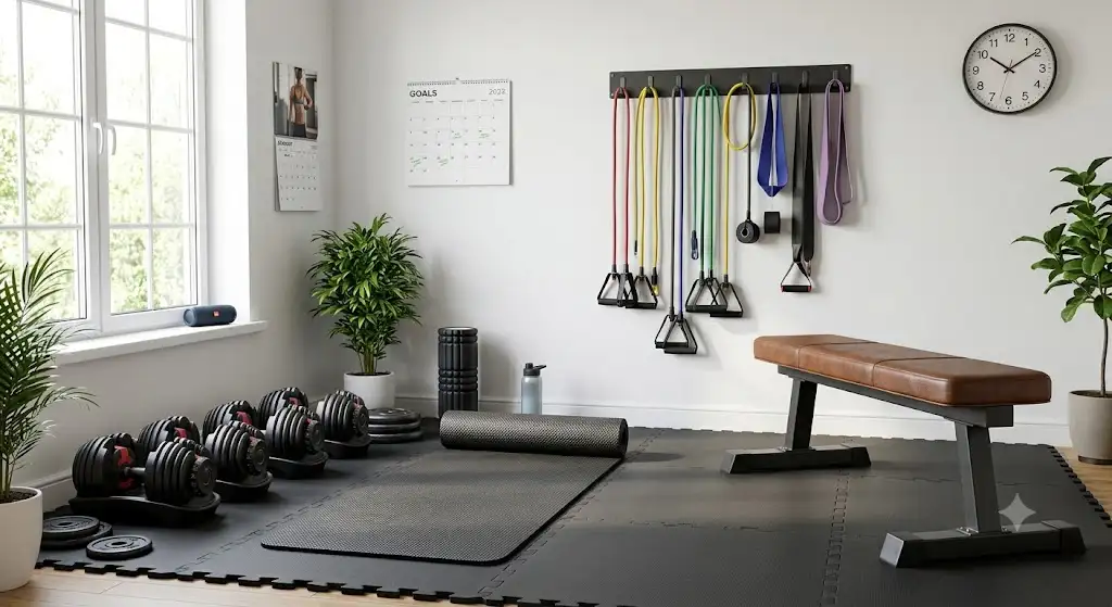 Aménagement complet d'une salle de sport maison moins de 300 euros avec tapis, haltères et bandes d'intensité