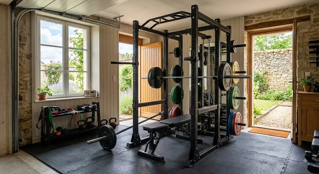 Avis cage à squat : vue d'ensemble d'une cage de musculation complète installée dans un home gym
