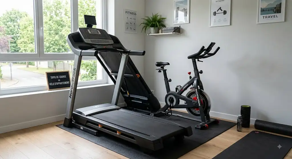 Comparatif visuel entre un tapis de course vs vélo d'appartement pour le sport à domicile.