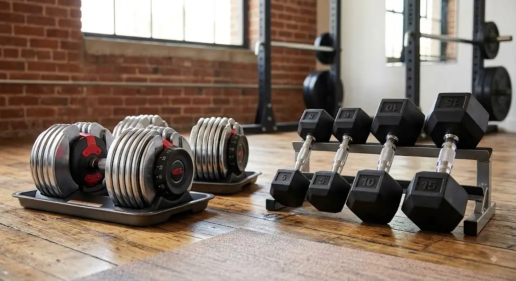 Comparatif visuel entre une paire haltères réglables vs haltères fixes traditionnels pour la musculation à domicile