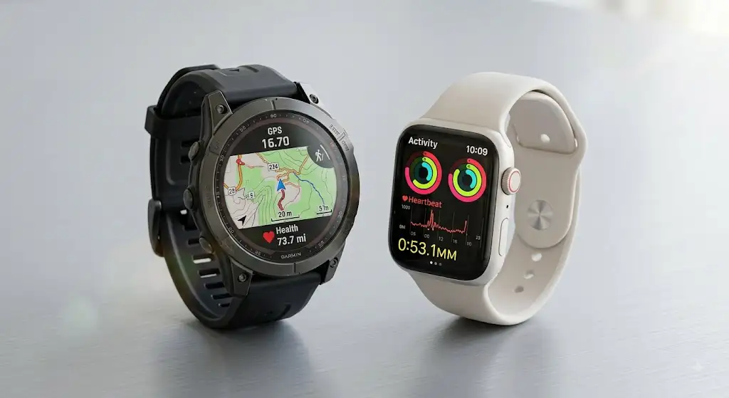 Comparatif visuel entre une montre connectée garmin vs apple watch sport sur un fond épuré