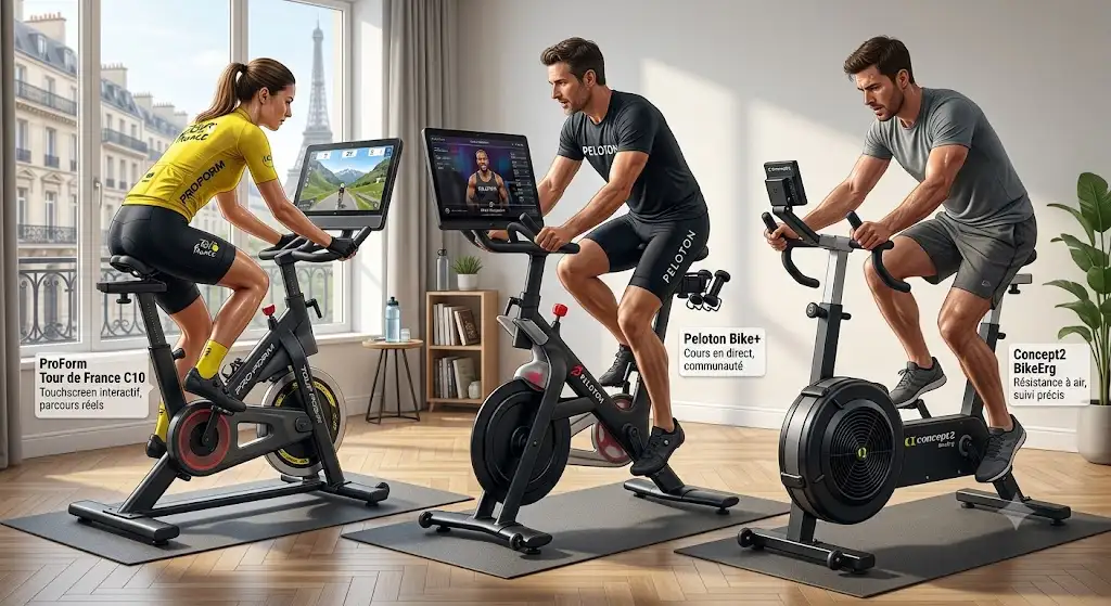 Comparatif visuel des meilleur vélo d'appartement 2026 pour le cardio à domicile