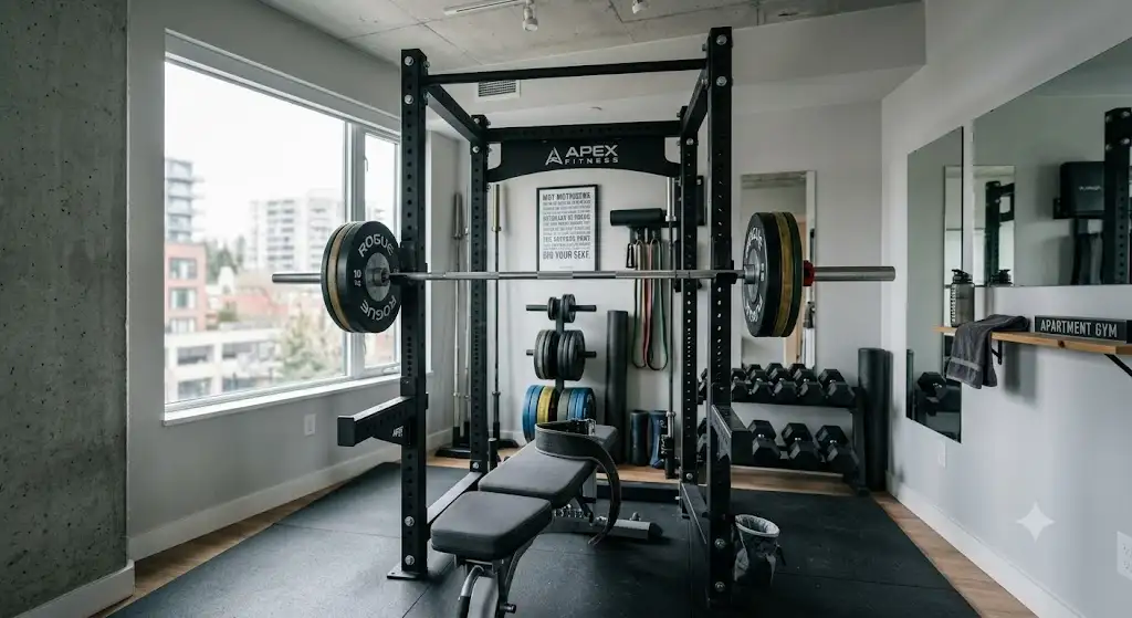Comparatif de la meilleure cage à squat appartement installée dans un espace home gym avec barre olympique.