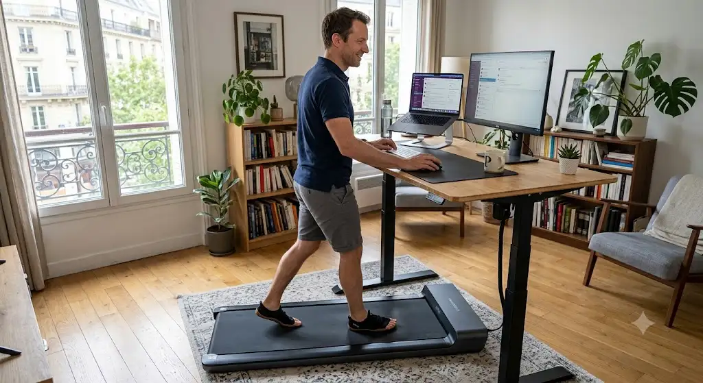 Personne en télétravail marchant sur un mini tapis de course sous bureau