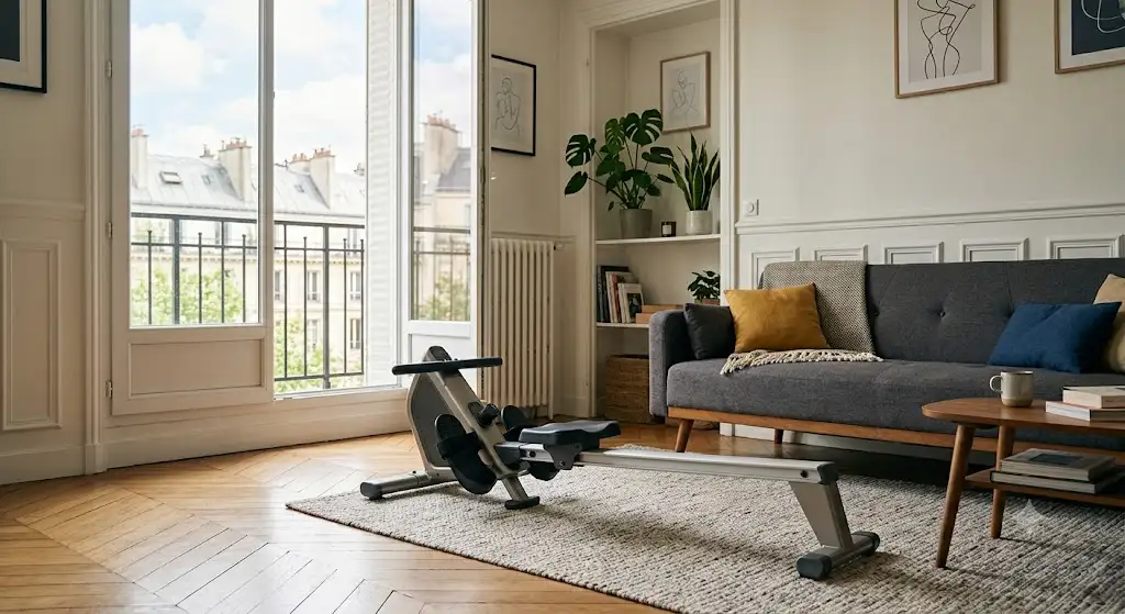 rameur pliable petit espace installé dans le salon d'un appartement moderne