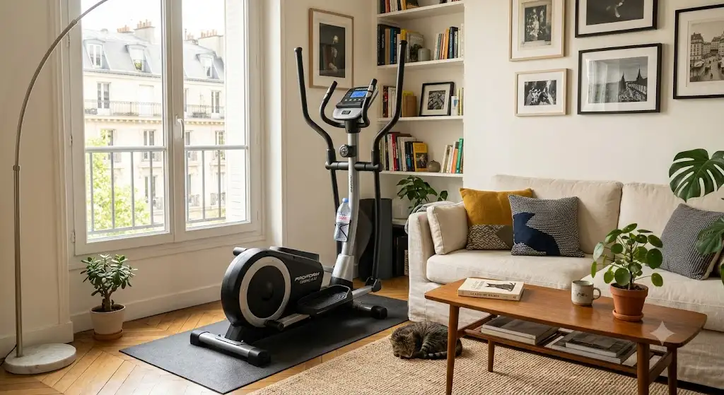Vélo elliptique compact installé dans le salon d'un petit appartement moderne