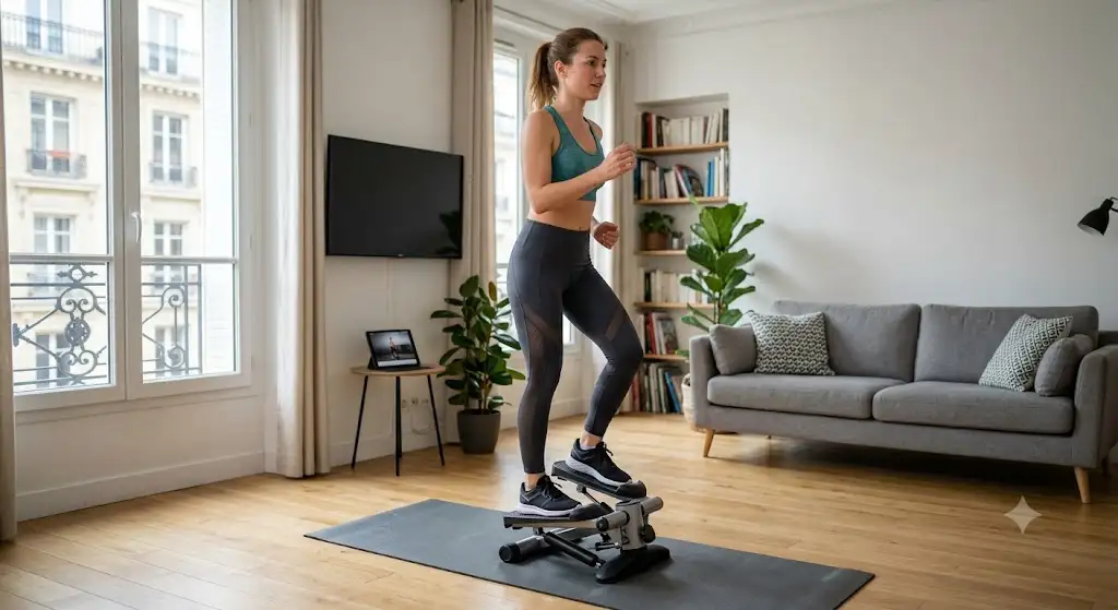 Femme s'entraînant à la maison avec un mini stepper pour une séance de fitness cardio