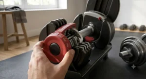 Gros plan sur le mécanisme de réglage rapide de la charge d'un haltère réglable