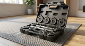 Valise de kit d'haltères modulables pour déterminer combien de poids acheter pour débuter musculation.