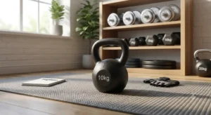 Kettlebell idéal sur tapis de sport afin de savoir combien de poids acheter pour débuter musculation.