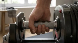 Focus sur la poignée ergonomique et le grip antidérapant d'un haltère réglable