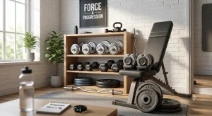 Espace d'entraînement complet à domicile montrant combien de poids acheter pour débuter musculation.