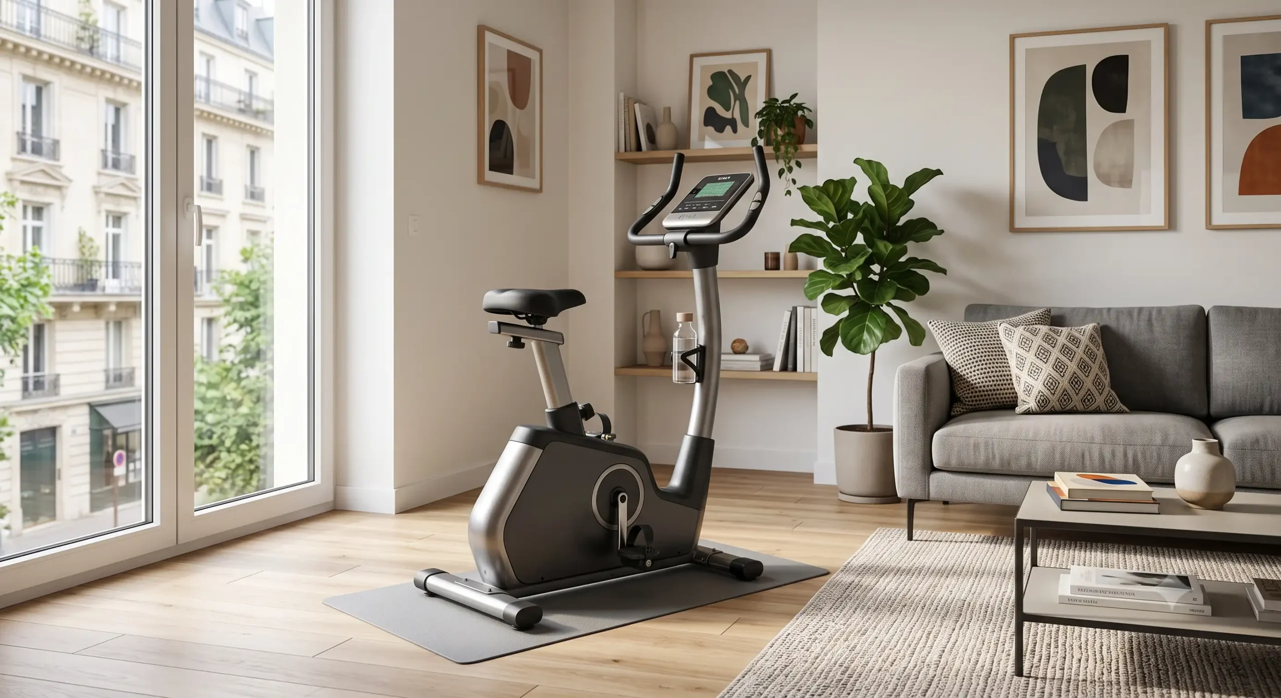 Vélo d'appartement droit compact installé dans un salon moderne lumineux pour le cardio à domicile