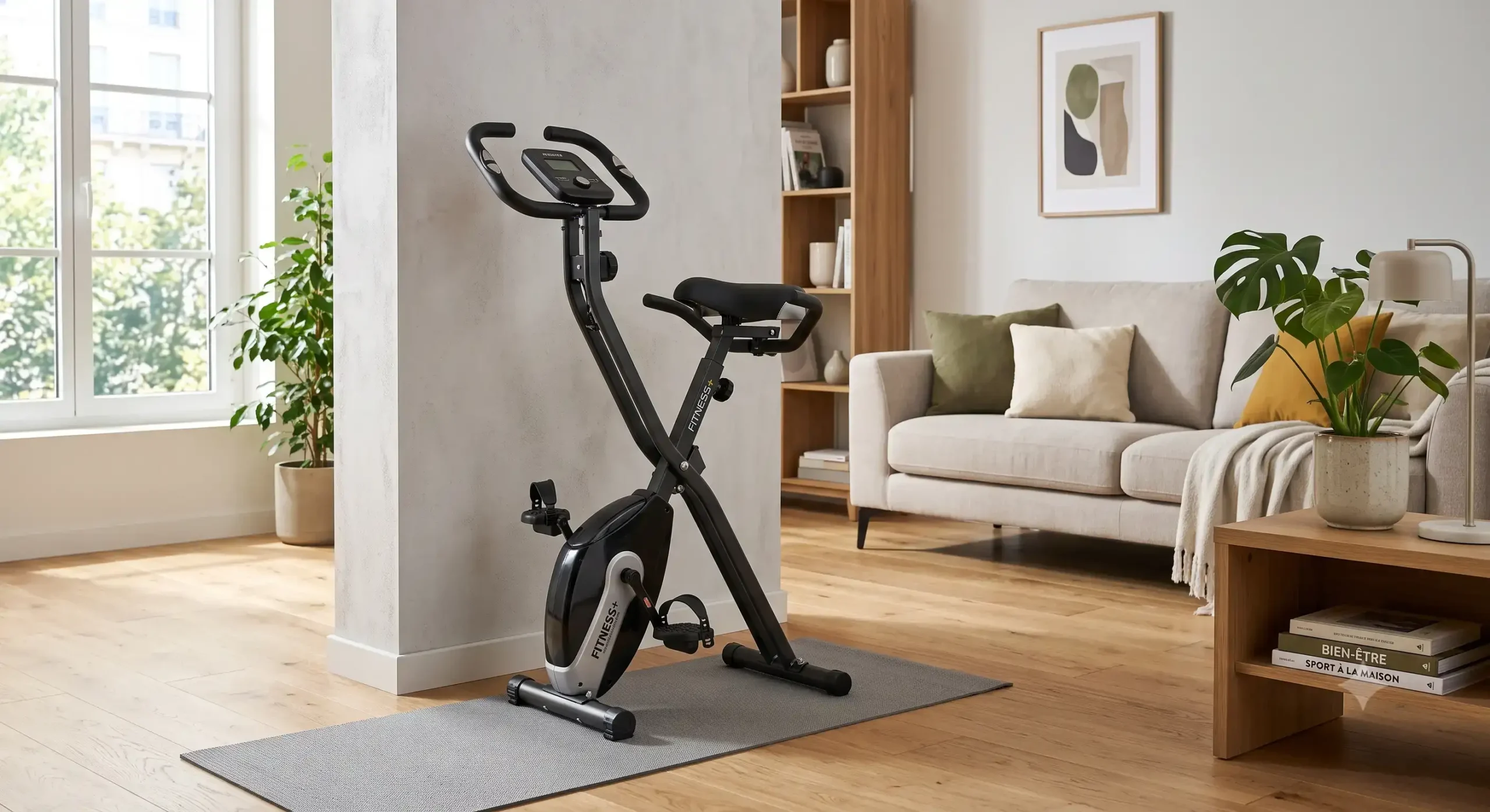 Vélo d'appartement pliable compact installé dans un salon moderne pour le fitness à domicile