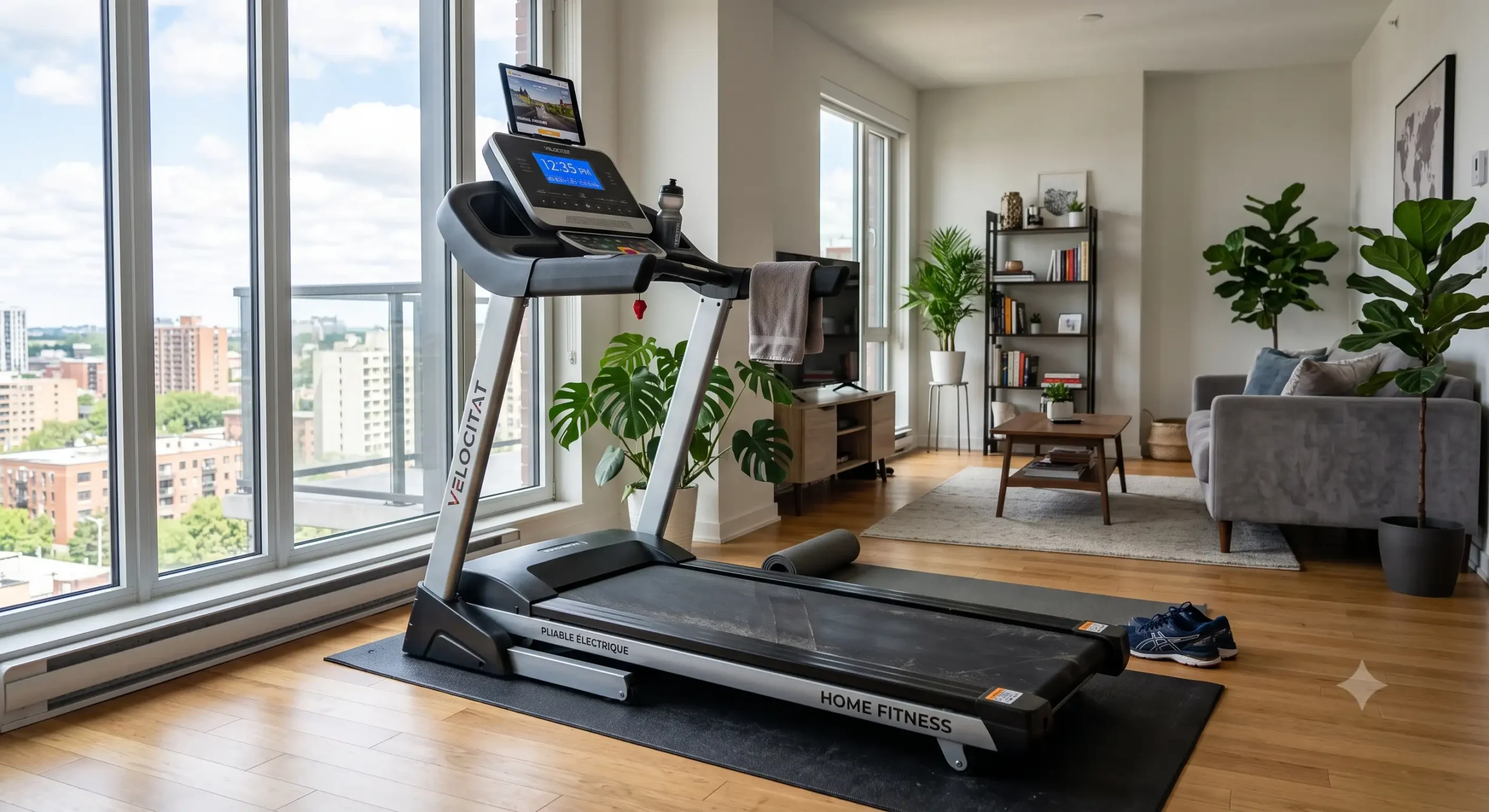 Tapis de course pliable électrique installé dans le salon d'un appartement pour une séance de fitness à domicile