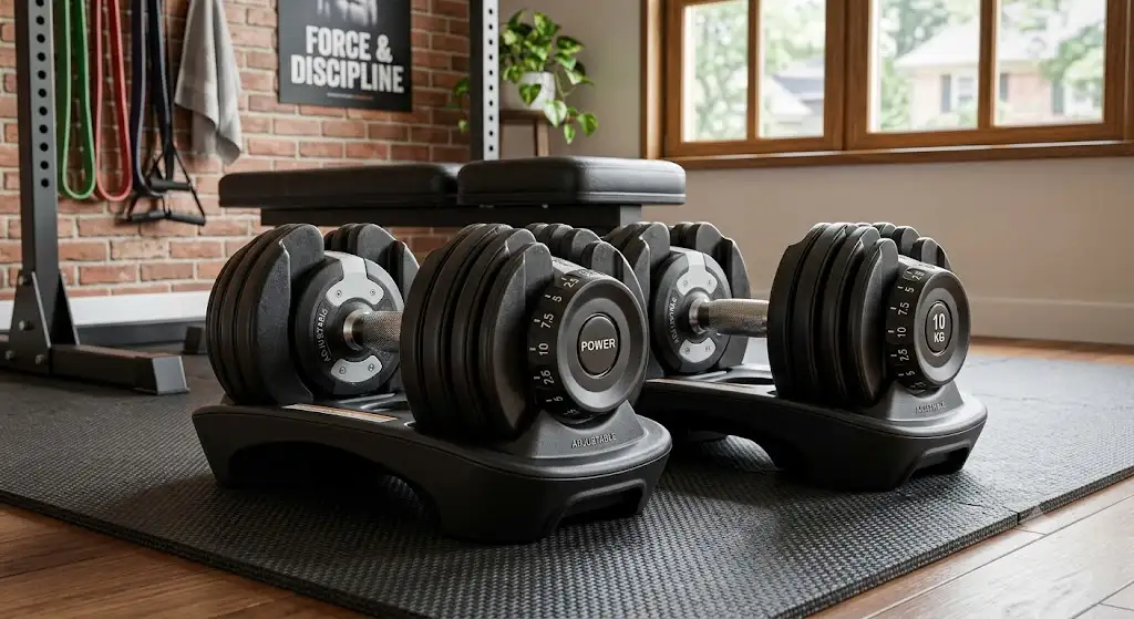 Paire d'haltères réglables à molette posée sur leurs socles de rangement pour musculation à domicile