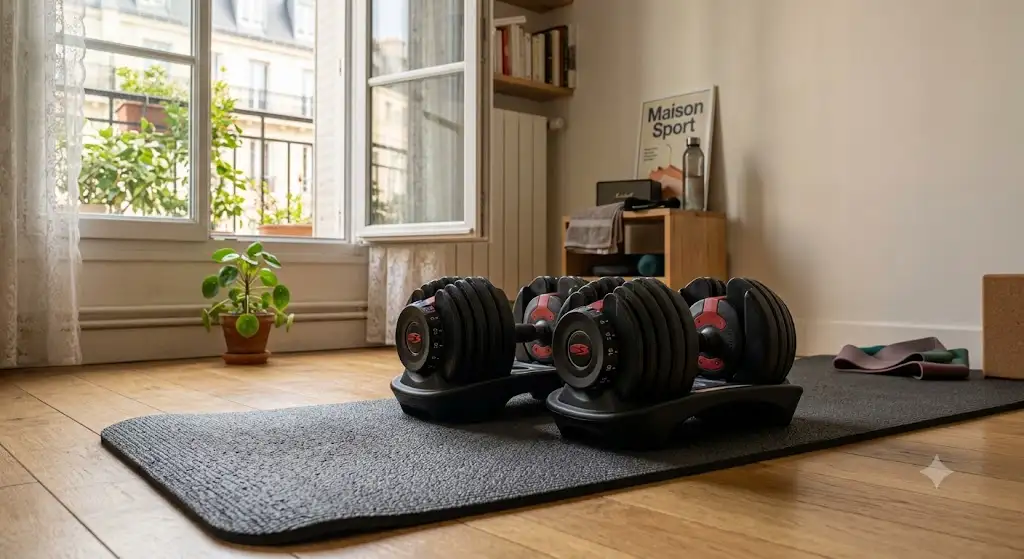 Paire d'haltères réglables compactes posée sur un tapis de fitness dans un appartement