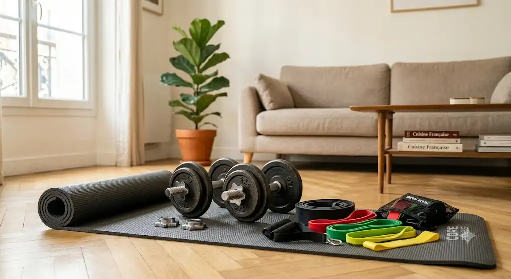 Ensemble du kit de démarrage musculation maison comprenant des haltères, des élastiques et un tapis de sol dans un salon.