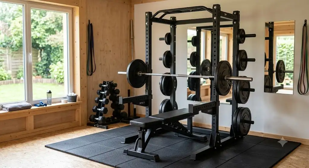 Half rack musculation complet installé dans une salle de sport à domicile avec barre olympique et disques de fonte