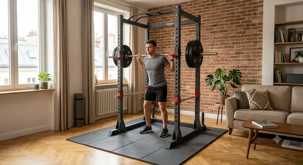 cage à squat compacte appartement installée dans un petit salon avec barre de musculation.