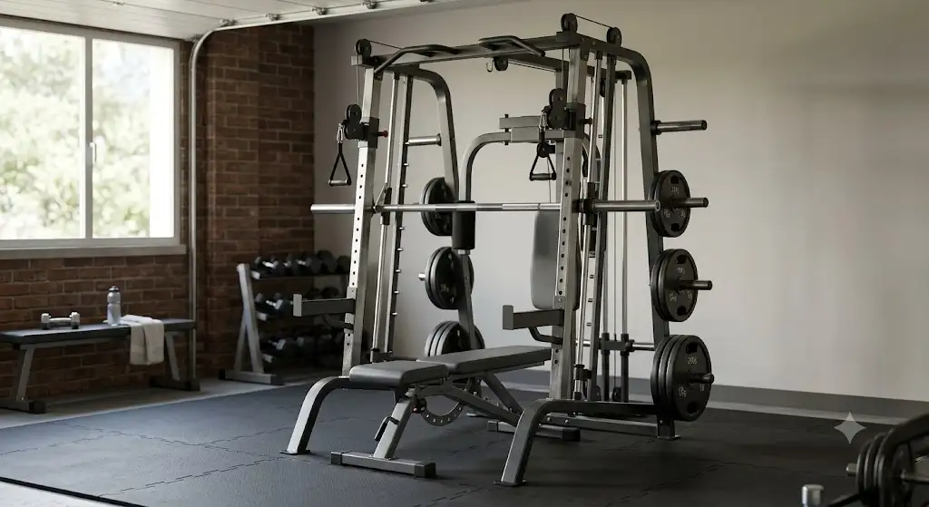 Vue d'ensemble d'une smith machine complète tout-en-un avec cage à squat et poulies pour home gym.