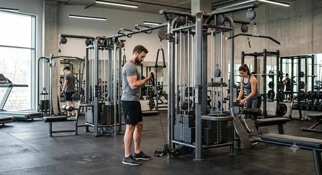 Vue d'ensemble d'une station multi-postes à poulie professionnelle dans une salle de sport